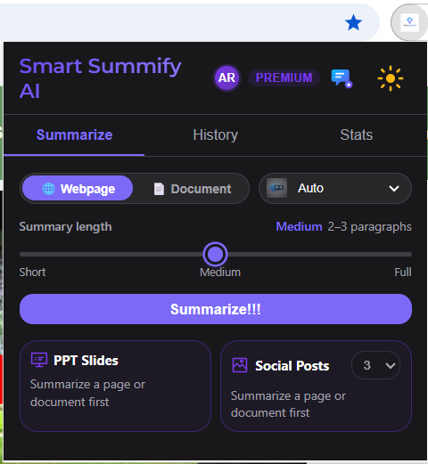 AI text summarizer main screen with summary length controls.