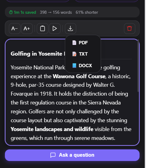 Document summarizer export options — PDF, Word, and other formats.